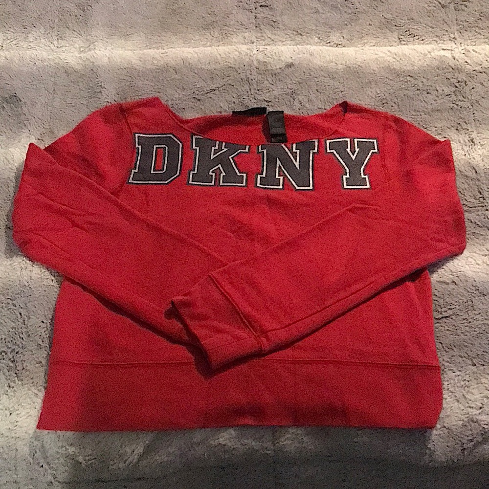 DKNY Crop sweater! Red with Navy Blur letters outlined in silver! Scoop neck!
